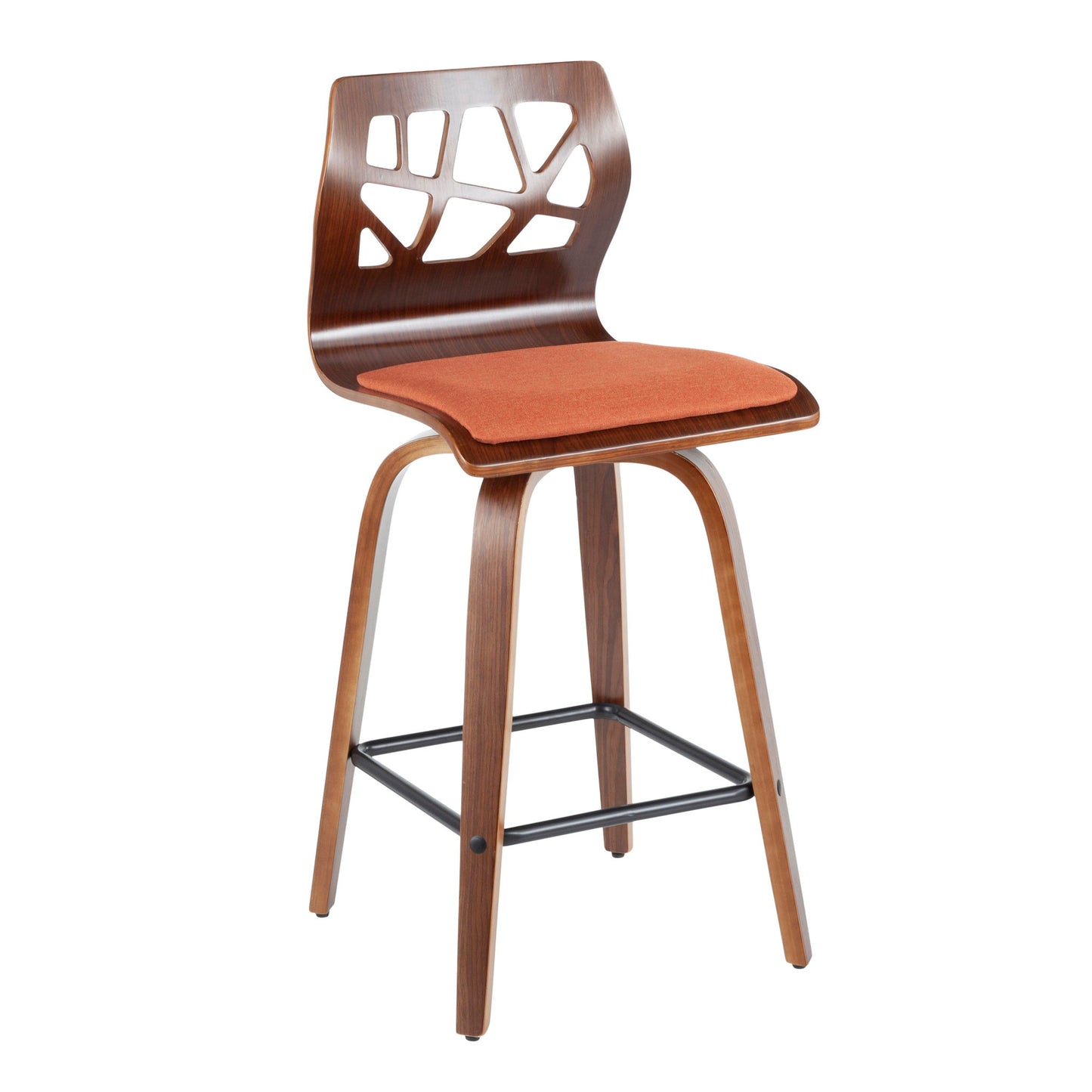 The Folia Mid Century Modern Counter Stool (Set of 2) features a wooden frame, curved legs, a geometric cutout backrest, an orange cushioned seat, and a black metal footrest. Fixed height with swivel functionality.