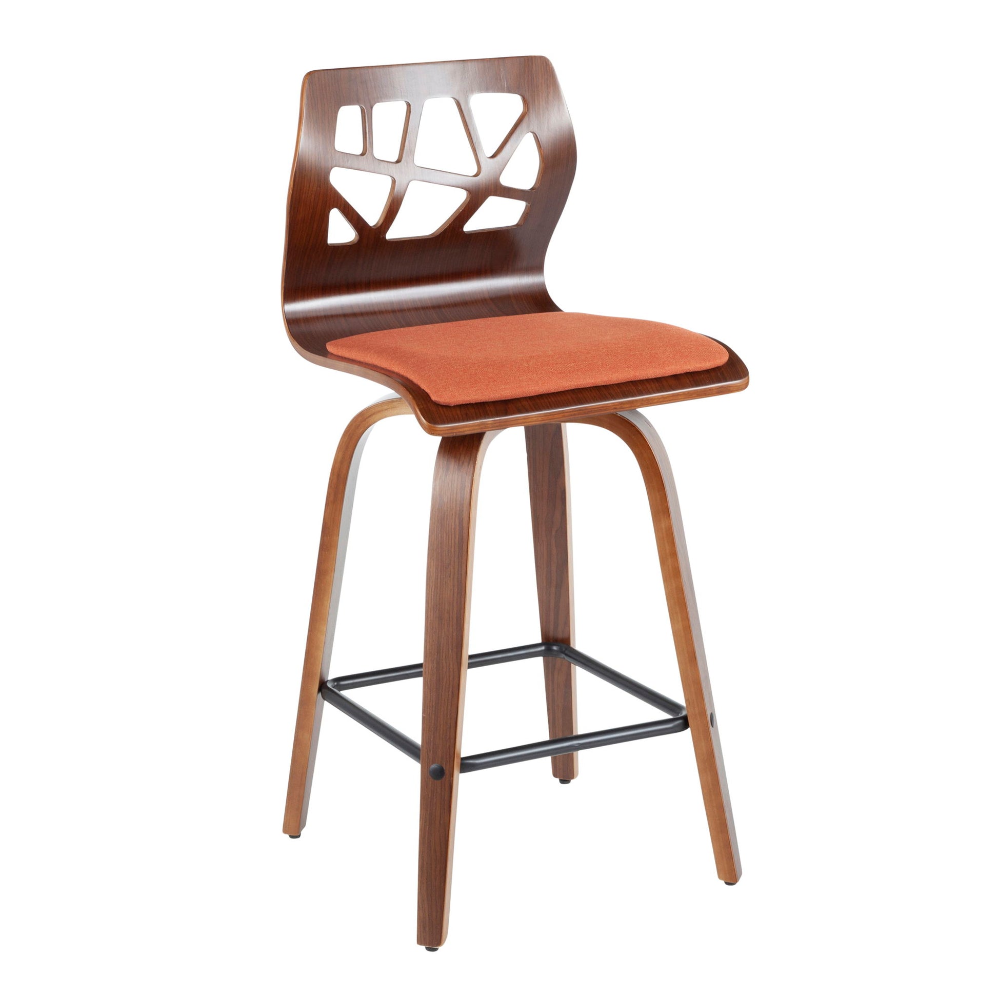The Folia Mid Century Modern Counter Stool (Set of 2) features a wooden frame, curved legs, a geometric cutout backrest, an orange cushioned seat, and a black metal footrest. Fixed height with swivel functionality.