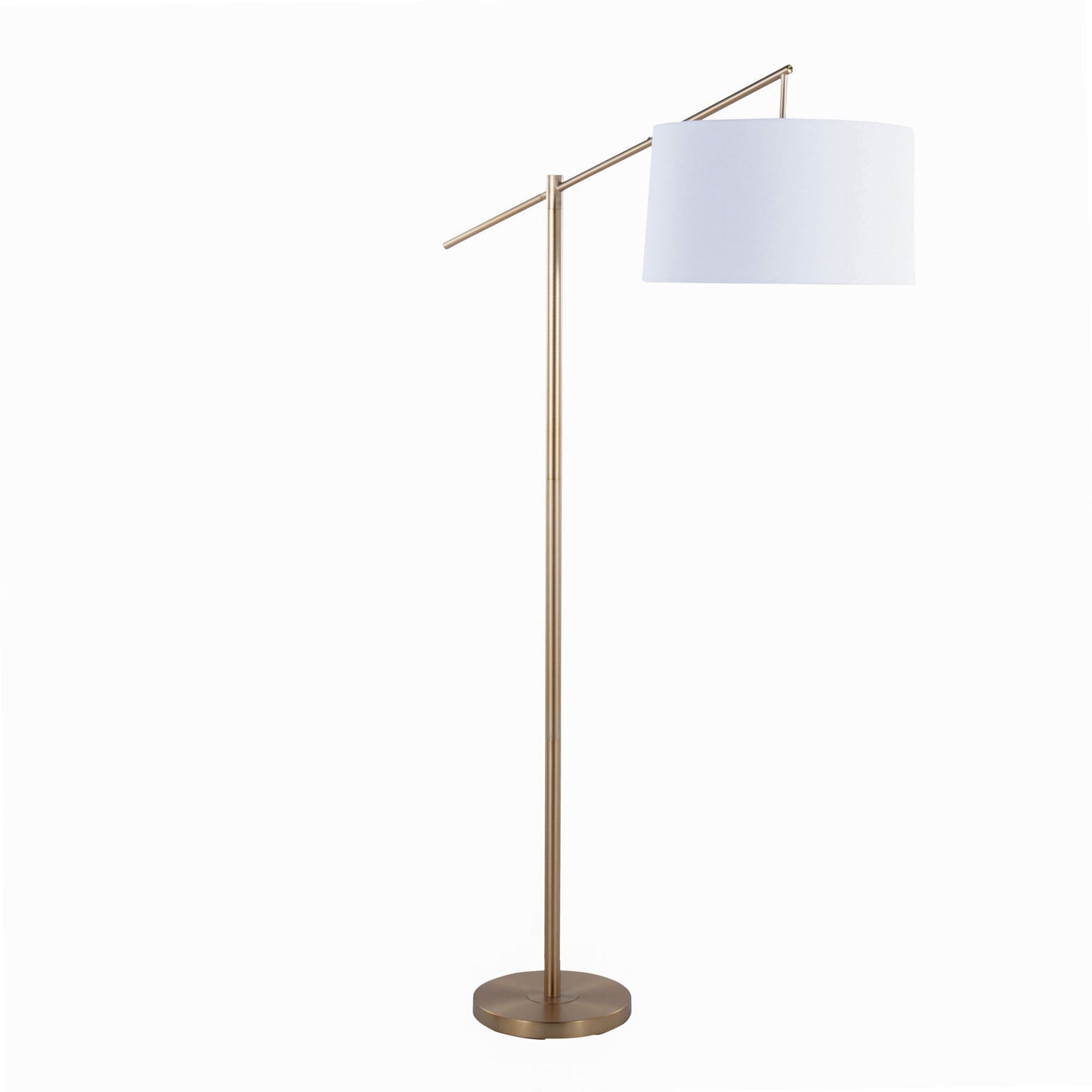 The Casper - Contemporary Floor Lamp features a gold metal stand, round base, and a horizontal arm supporting a large white drum shade, all set against a plain white background.