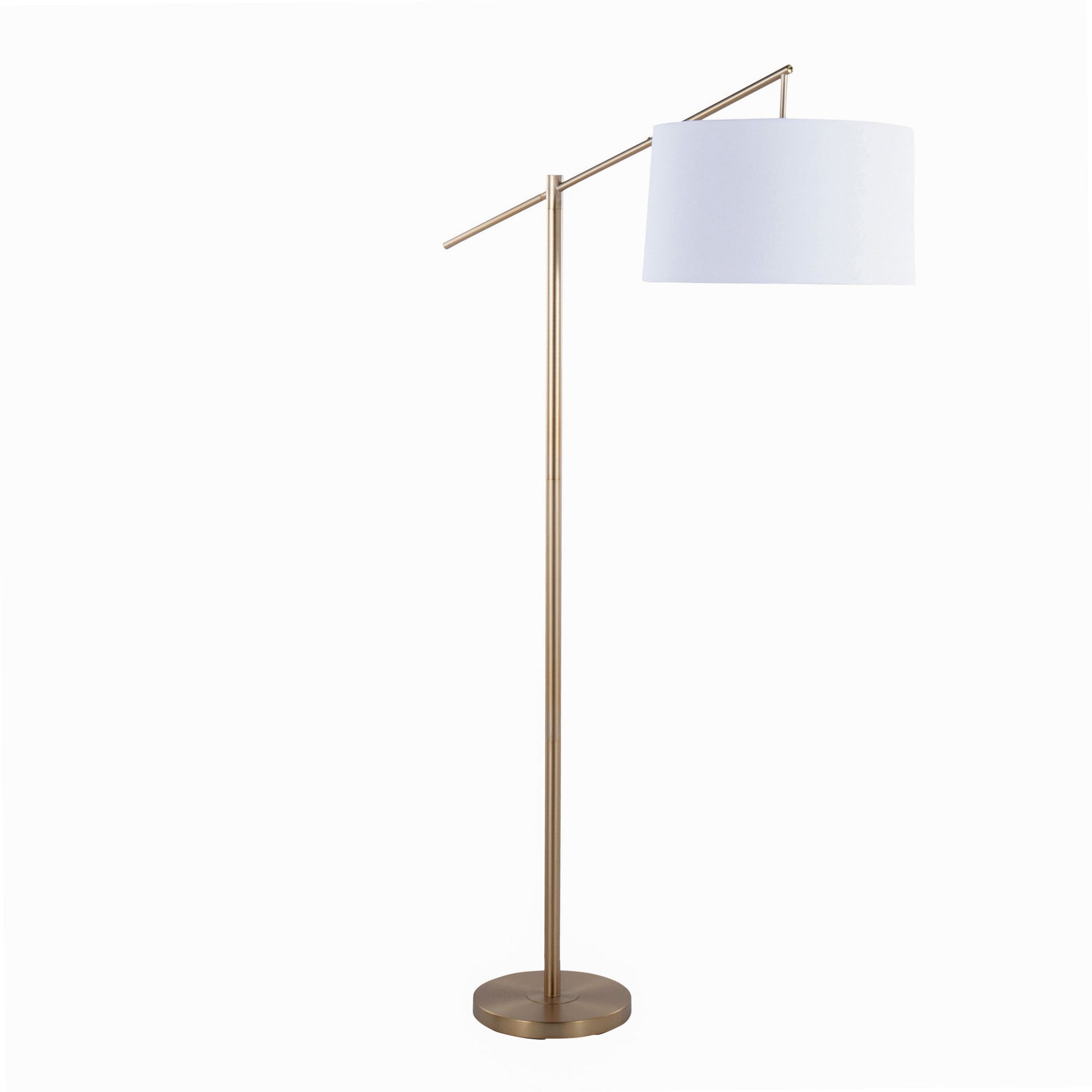 The Casper - Contemporary Floor Lamp features a gold metal stand, round base, and a horizontal arm supporting a large white drum shade, all set against a plain white background.