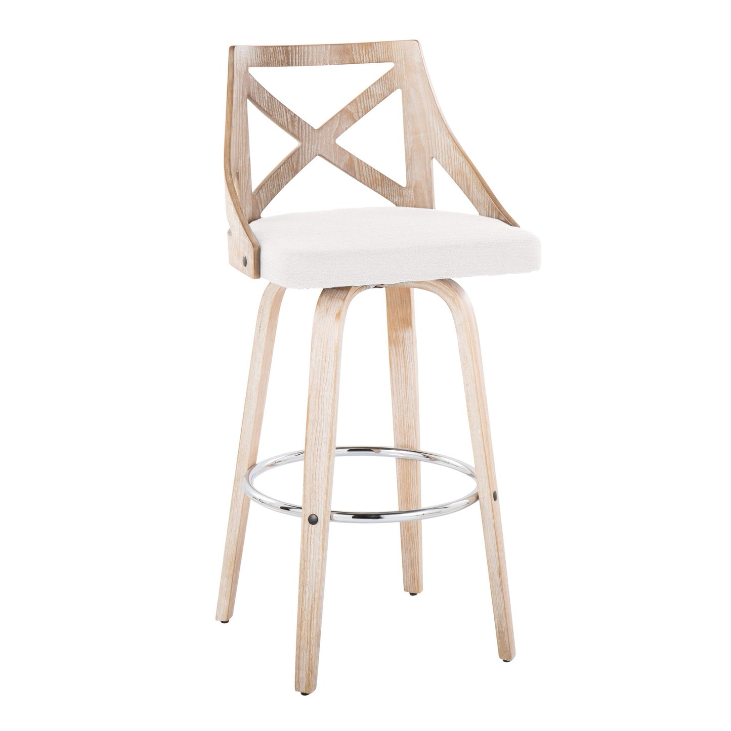 The Charlotte Farmhouse Bar Stool features a light wood finish, X-shaped backrest, white cushioned swivel seat, four legs, and a round footrest. Set of 2.