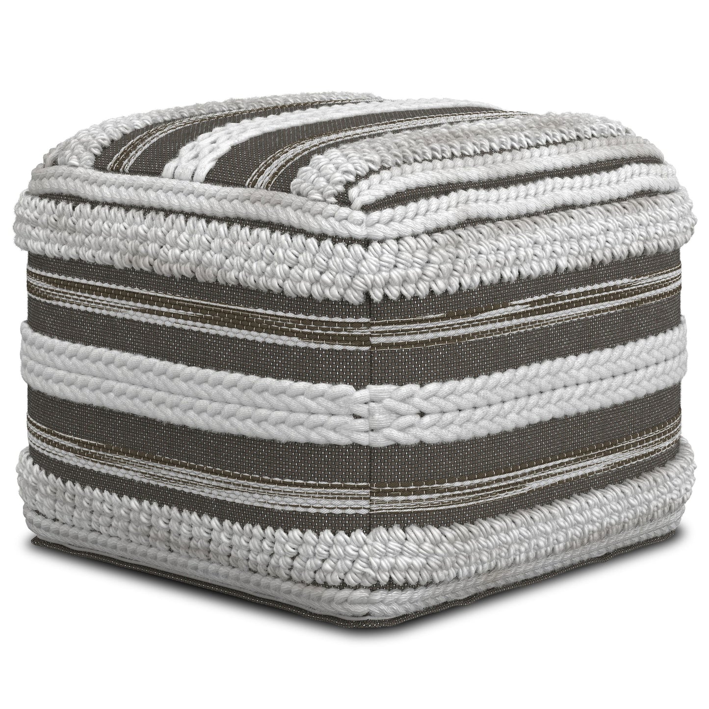 The Sommer - Handcrafted Square Pouf features alternating gray and white textured fabric bands with woven and braided details, creating a cozy, modern striped look.