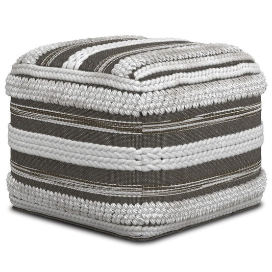 The Sommer - Handcrafted Square Pouf features alternating gray and white textured fabric bands with woven and braided details, creating a cozy, modern striped look.