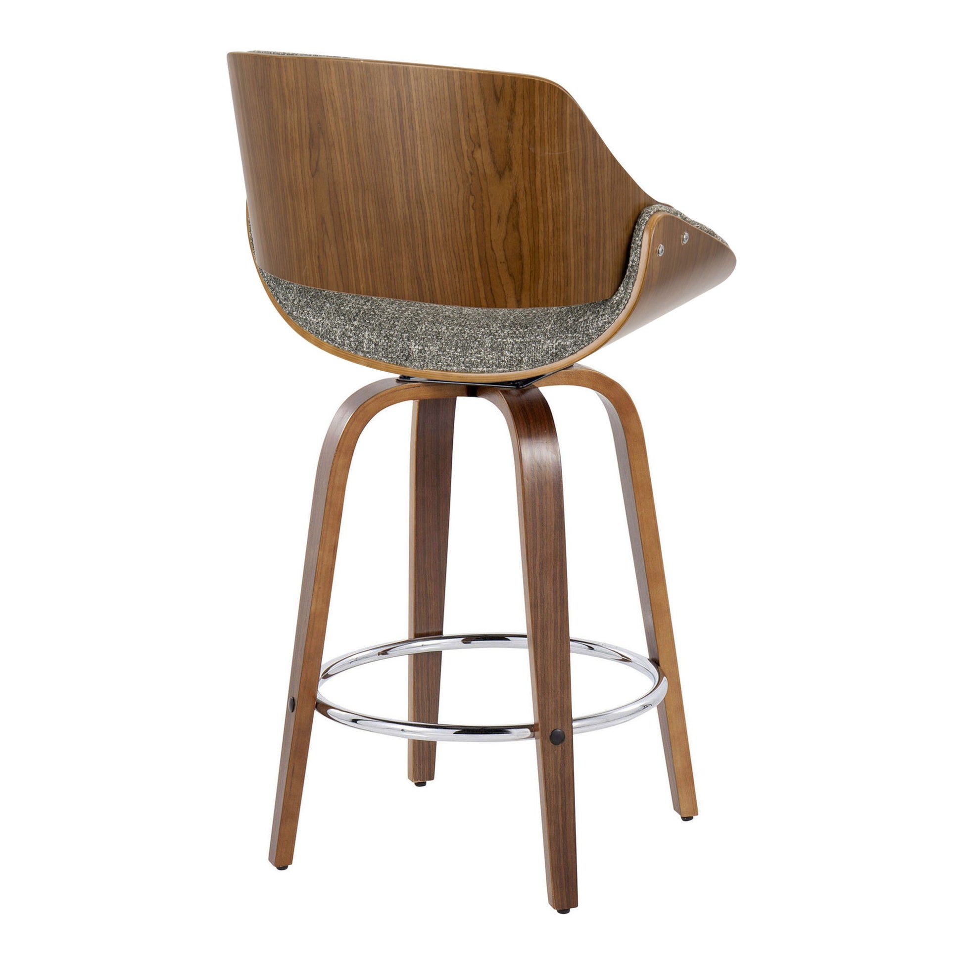 The Fabrizzi Mid Century Modern Counter Stool features a curved wooden backrest, gray fabric upholstery on the lower back, four wooden legs, and a round chrome footrest. Set of 2; fixed height with swivel function.