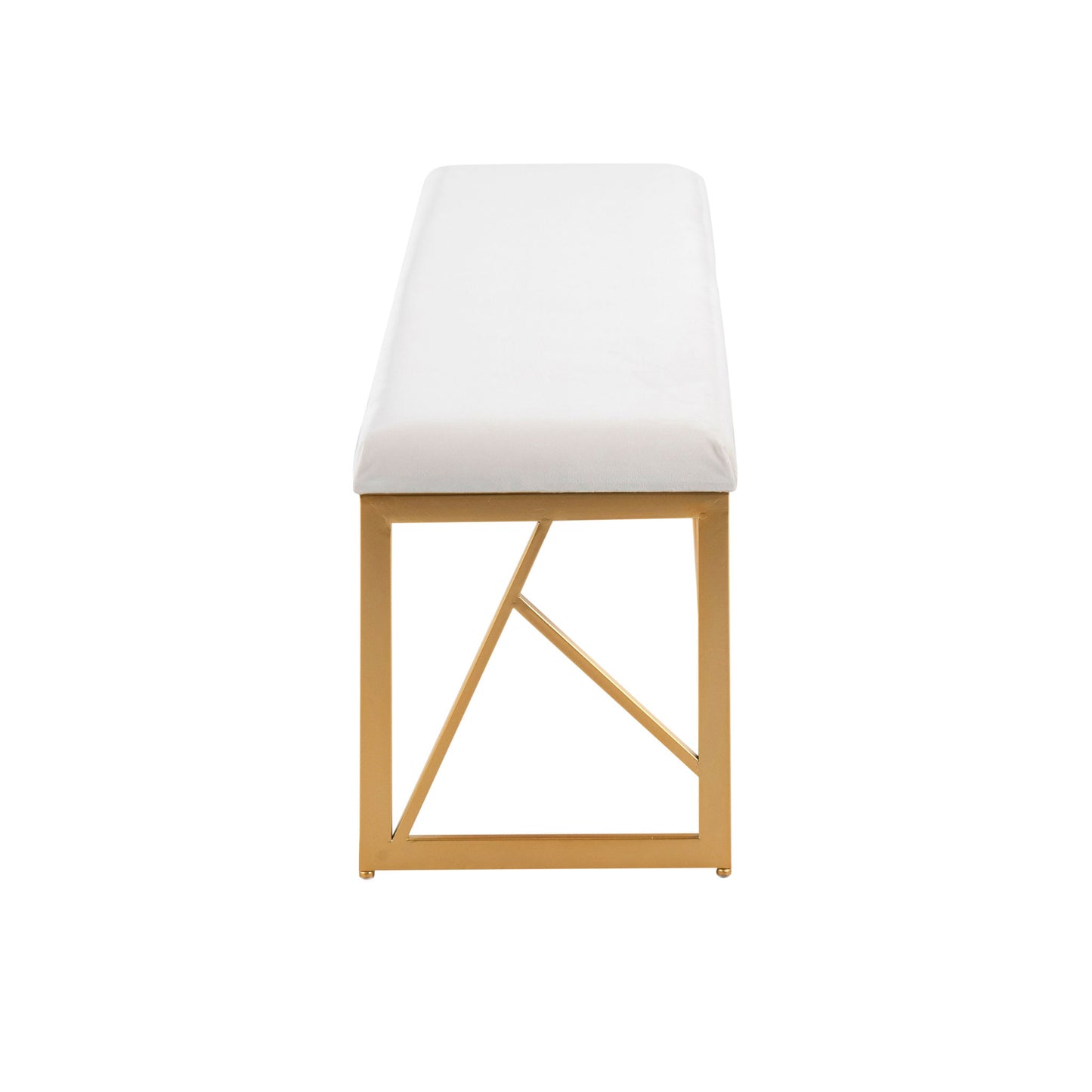 The Folia - Glam Bench features a white cushioned seat and geometric gold metal base, shown from the front against a white background.