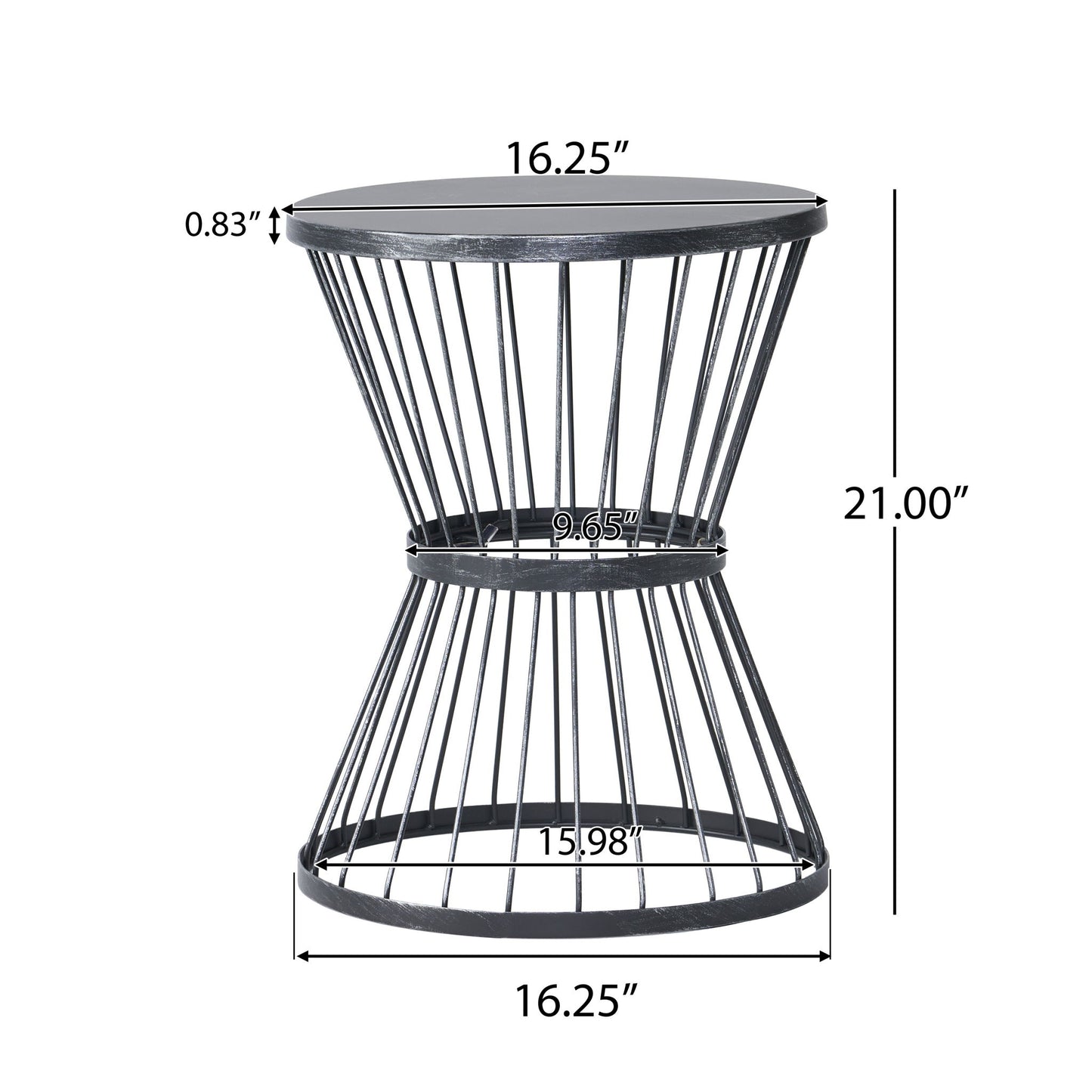 The Lassen - Modern Outdoor Side Table features a black metal hourglass design with a 16.25" round top (0.83" thick), stands 21" tall, and includes base and middle ring diameters of 16.25" and 9.65", respectively.