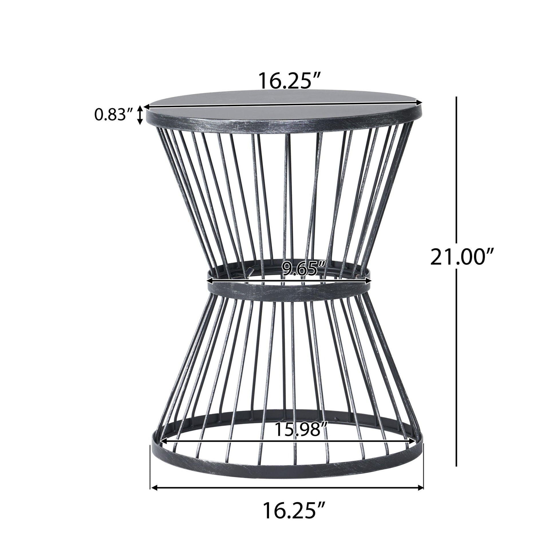 The Lassen - Modern Outdoor Side Table features a black metal hourglass design with a 16.25" round top (0.83" thick), stands 21" tall, and includes base and middle ring diameters of 16.25" and 9.65", respectively.