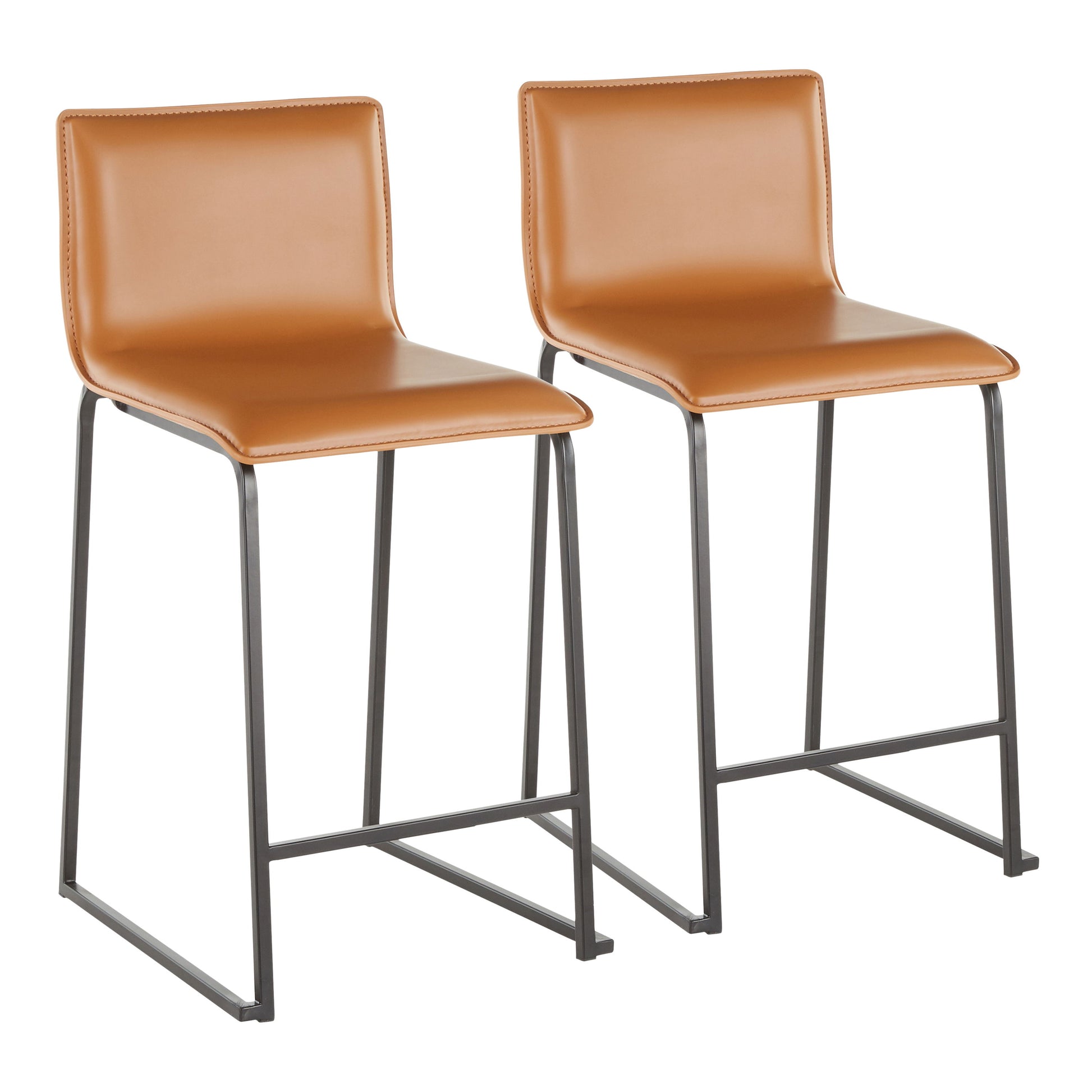 The Mara Upholstered Contemporary Counter Stool set includes two modern stools with light brown leather seats and backrests, a sleek black metal frame, minimalist design, footrest bar, and rectangular legs.