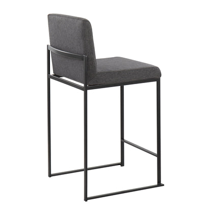 The Fuji - Contemporary Modern Elegance High Back Counter Stool features a dark gray cushioned seat and backrest with a minimalist black metal frame and footrest, shown on a white background.