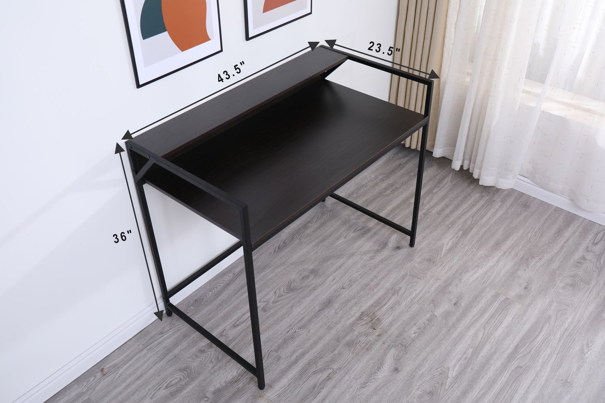 A black Console Table Narrow Modern Entryway Table (36" H x 43.5" W x 23.5" D) stands in the room, paired with art on the wall and sheer curtains over a window for a modern touch.