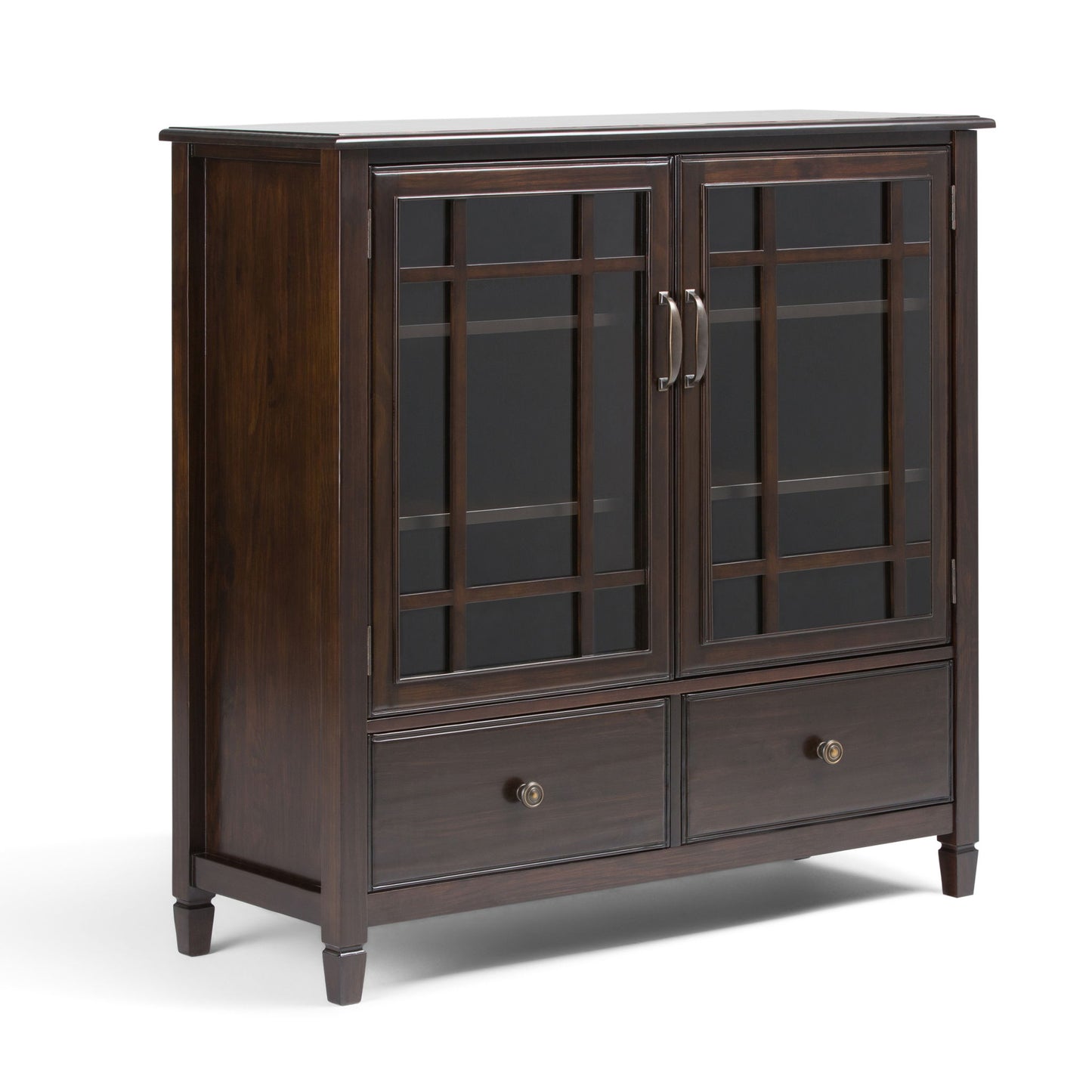 The Connaught Tall Storage Cabinet in Dark Chestnut Brown features two glass-paneled grid doors, metal handles, two bottom drawers, and stands on four short legs for a modern, elegant look.