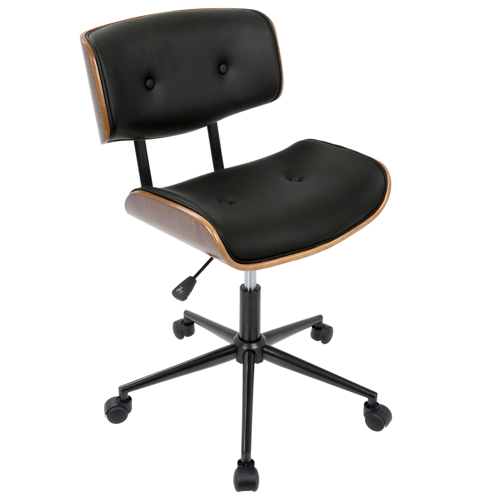 The Lombardi - Mid Century Modern Adjustable Office Chair With Swivel features a black cushioned seat and backrest, elegant wood-edged accents, and a black five-wheel metal base with adjustable height.