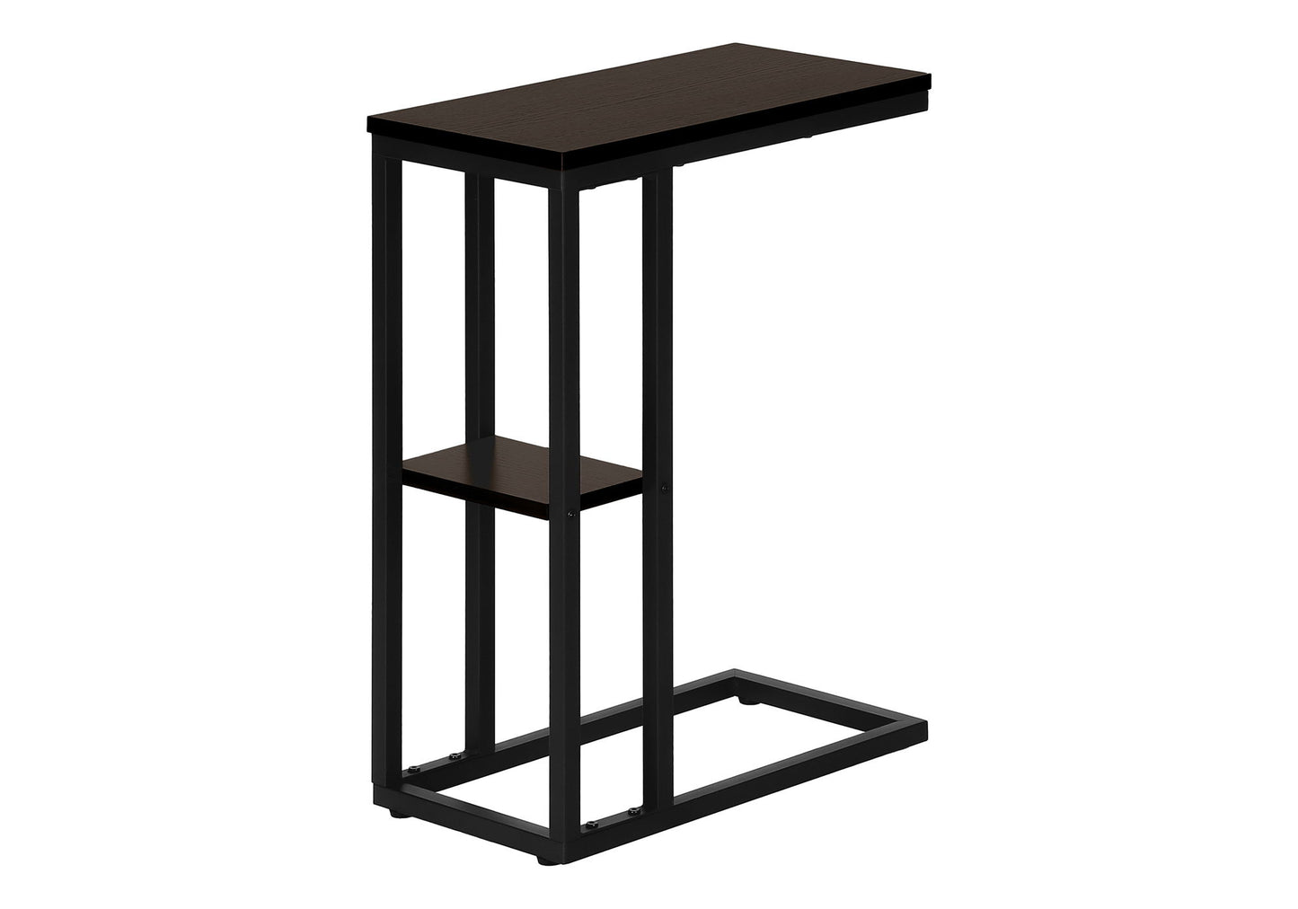 The Accent Table C-Shaped, Contemporary & Modern features a dark wooden top, black metal frame, and a lower shelf. Its design lets you slide it over a sofa or bed for added convenience.