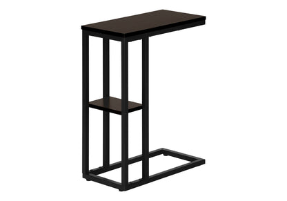 The Accent Table C-Shaped, Contemporary & Modern features a dark wooden top, black metal frame, and a lower shelf. Its design lets you slide it over a sofa or bed for added convenience.