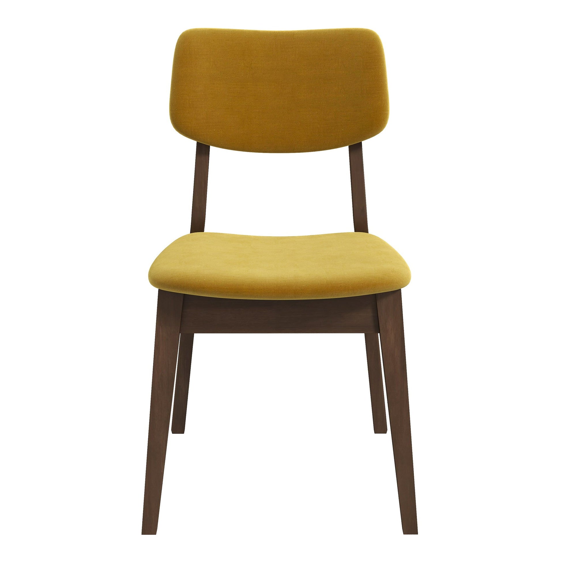 The Carlos Solid Back Side Chair (Set of 2) features a dark brown wooden frame with cushioned seat and backrest upholstered in mustard yellow fabric, shown against a white background.