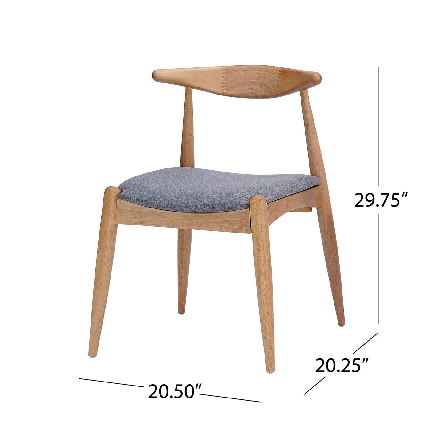 The Candescent Dining Chair features a wood frame, curved back, gray cushioned seat, and angled legs. Each chair measures 29.75" H x 20.50" W x 20.25" D and comes in a set of 2.