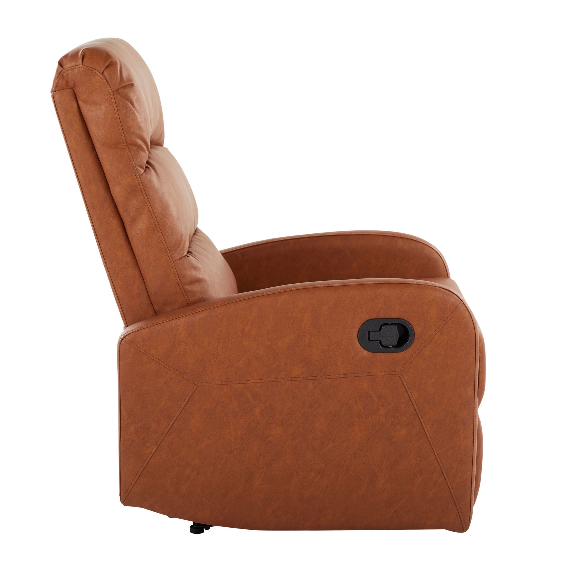 Side view of Dormi - Contemporary Recliner Chair in brown leather with padded backrest, seat, armrest, and a black side lever for reclining.
