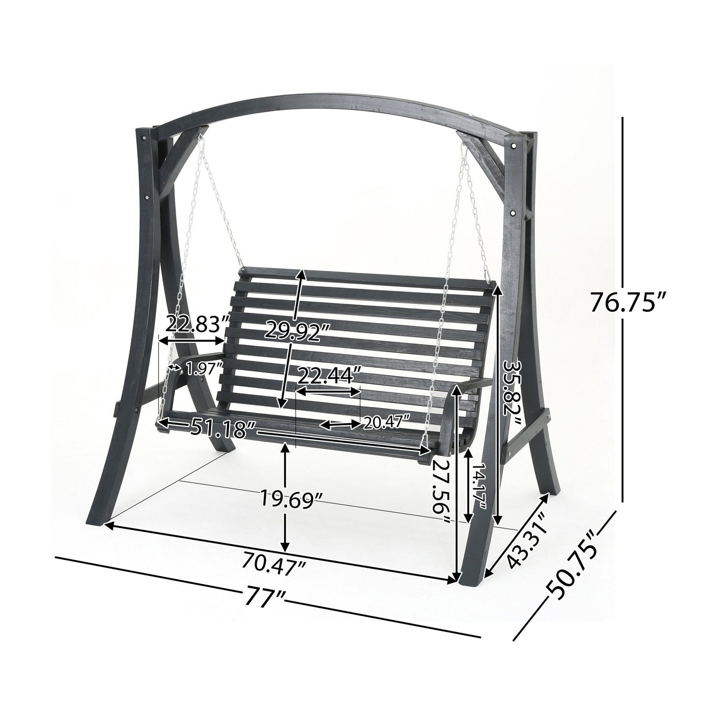 The San Juan Outdoor Swinging Loveseat With Support is a black wooden bench with metal chains and frame, featuring labeled dimensions: height 76.75", width 77", depth 50.75", plus seat and back measurements with arrows for lengths.