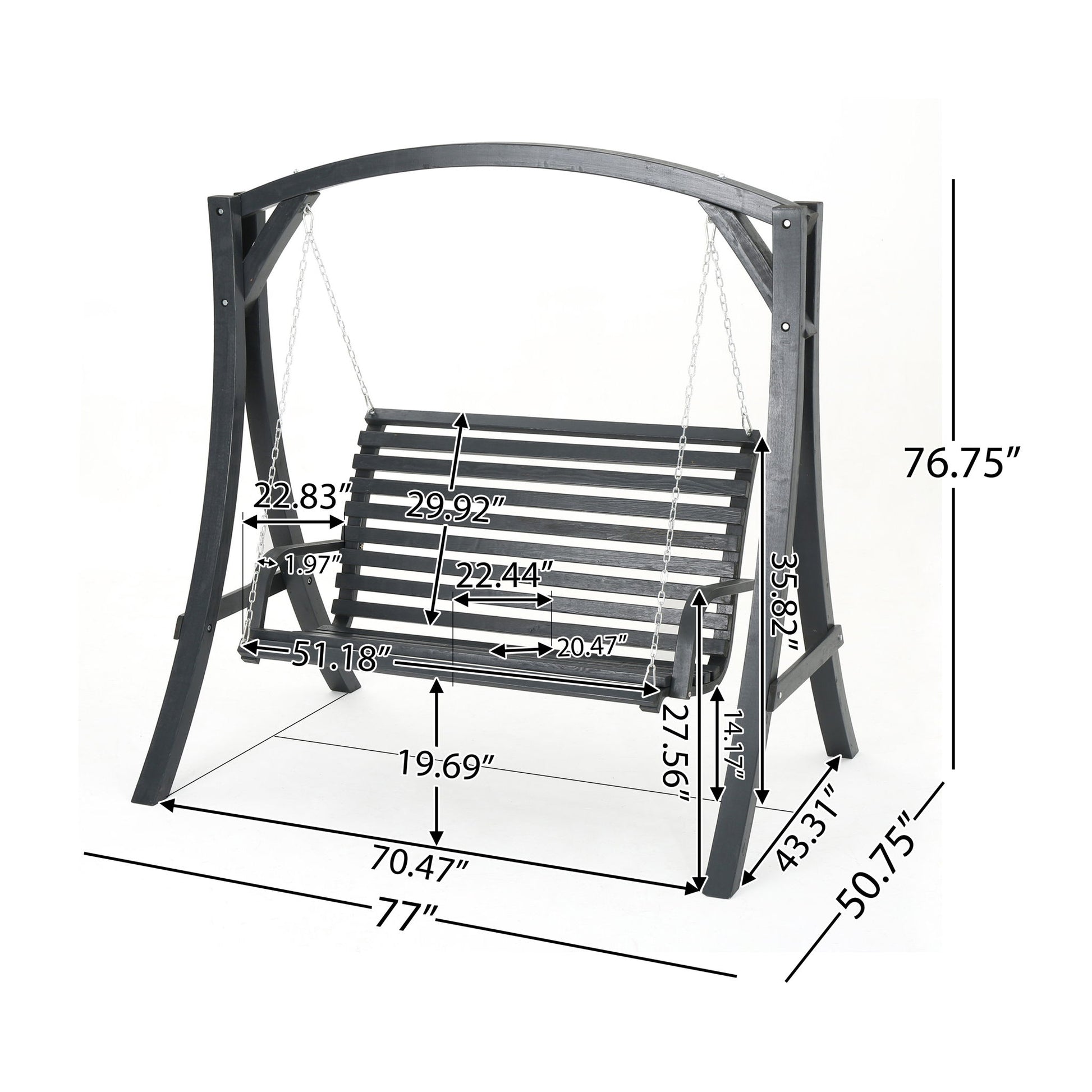 The San Juan Outdoor Swinging Loveseat With Support is a black wooden bench with metal chains and frame, featuring labeled dimensions: height 76.75", width 77", depth 50.75", plus seat and back measurements with arrows for lengths.