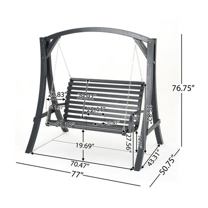The San Juan Outdoor Swinging Loveseat With Support is a black wooden bench with metal chains and frame, featuring labeled dimensions: height 76.75", width 77", depth 50.75", plus seat and back measurements with arrows for lengths.