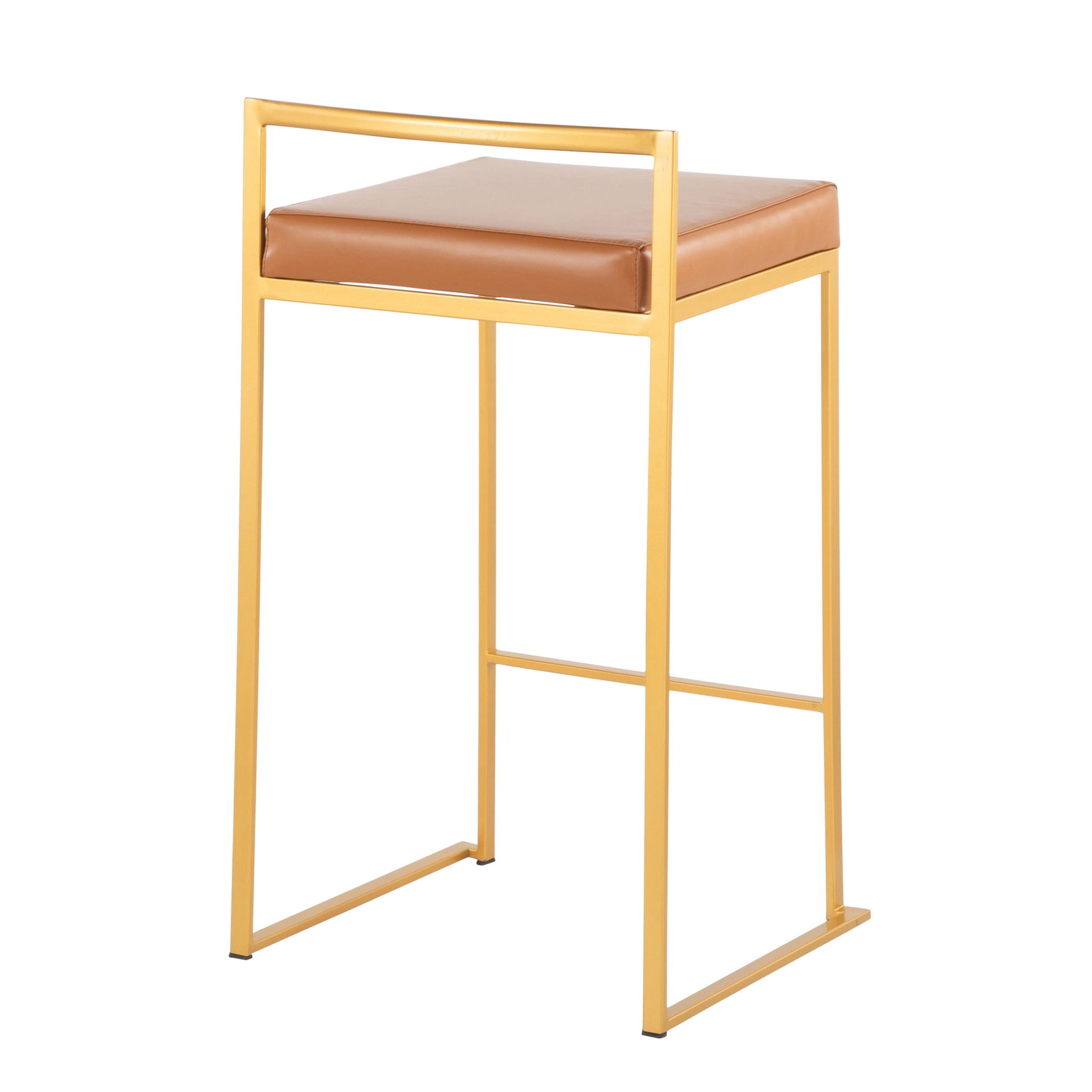 The Fuji Counter Stool (Set of 2) features a contemporary glam design with a gold metal frame, square brown cushioned seat, minimalistic style, and no backrest.