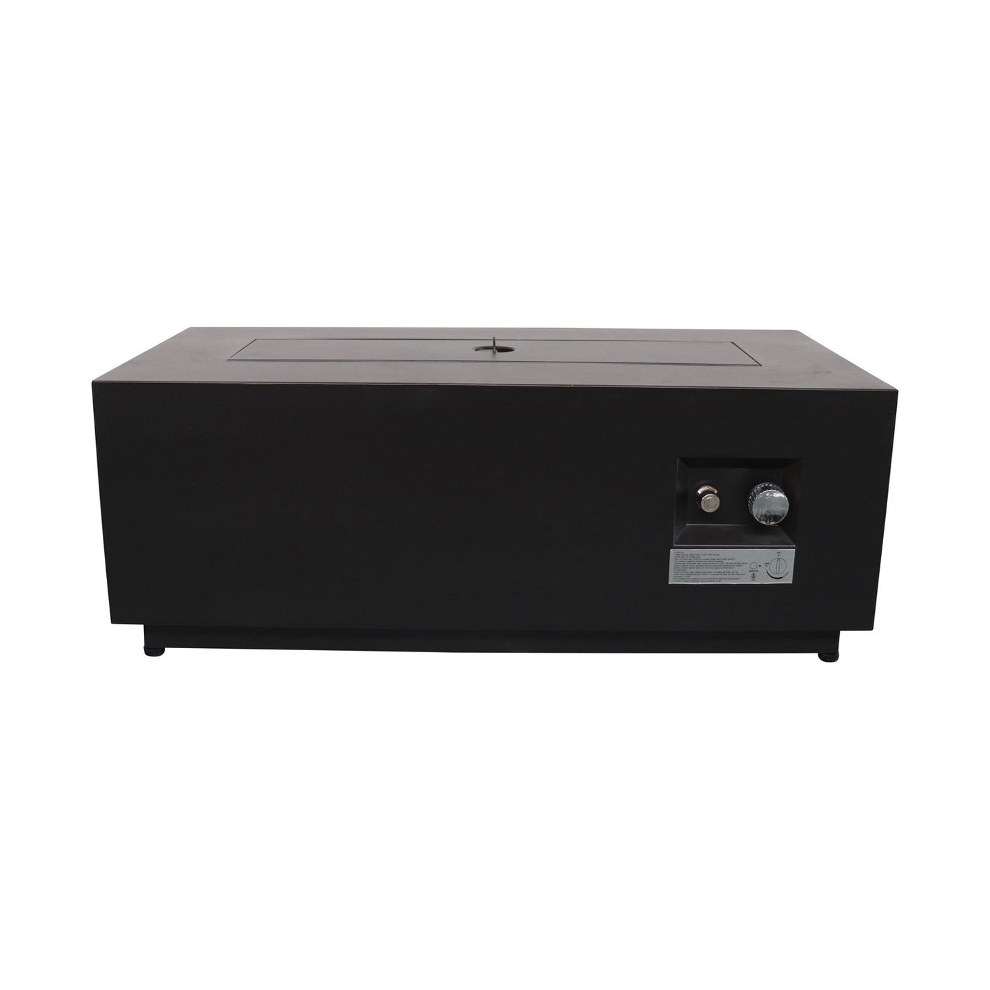 Outdoor Fire Pit Table With Lid, featuring fuel versatility, a rectangular black design with flat top and front lower right control knobs, displayed against a white background.