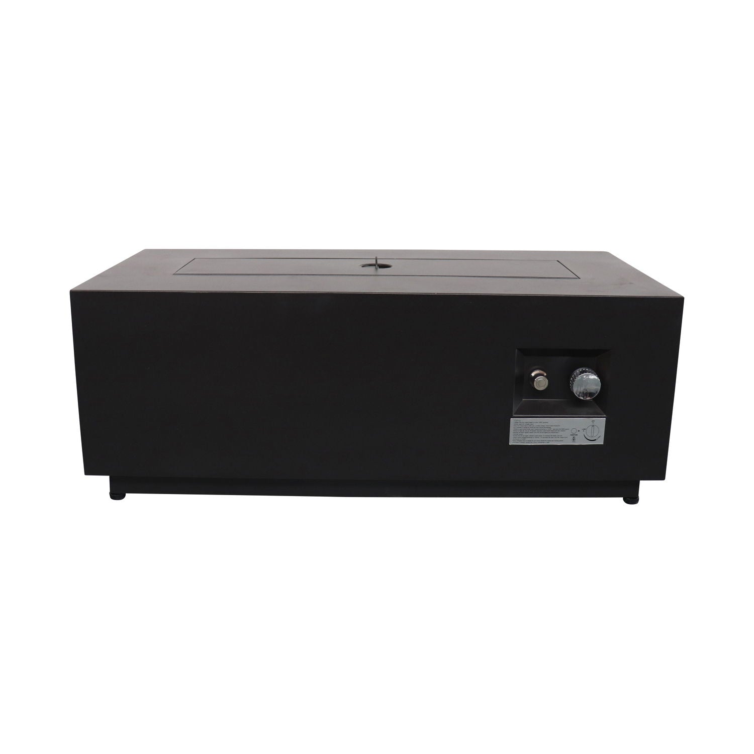 Outdoor Fire Pit Table With Lid, featuring fuel versatility, a rectangular black design with flat top and front lower right control knobs, displayed against a white background.
