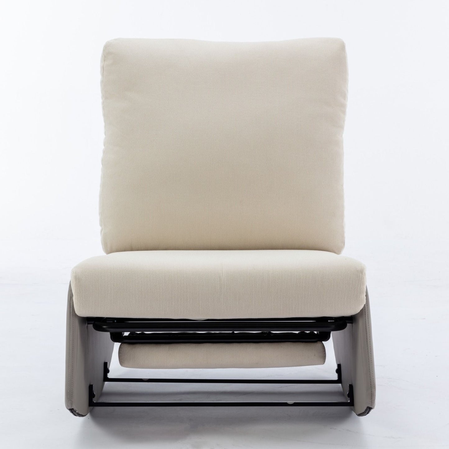 The Modern Rocking Chair Recliner features cream upholstery and a visible black metal reclining mechanism, shown against a plain white background. This comfy padded rocker includes a footrest, ideal for relaxing in your living room or bedroom.