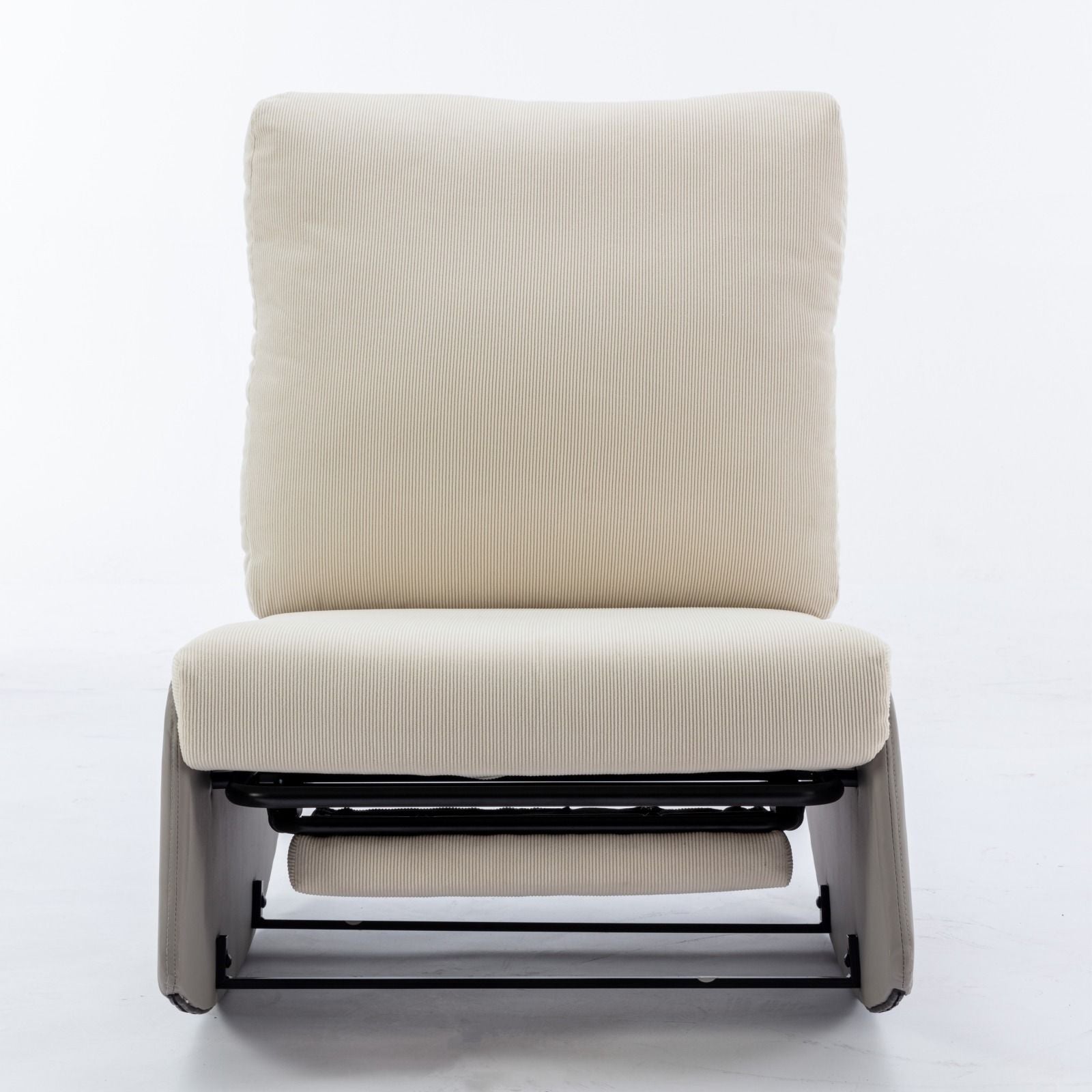 The Modern Rocking Chair Recliner features cream upholstery and a visible black metal reclining mechanism, shown against a plain white background. This comfy padded rocker includes a footrest, ideal for relaxing in your living room or bedroom.