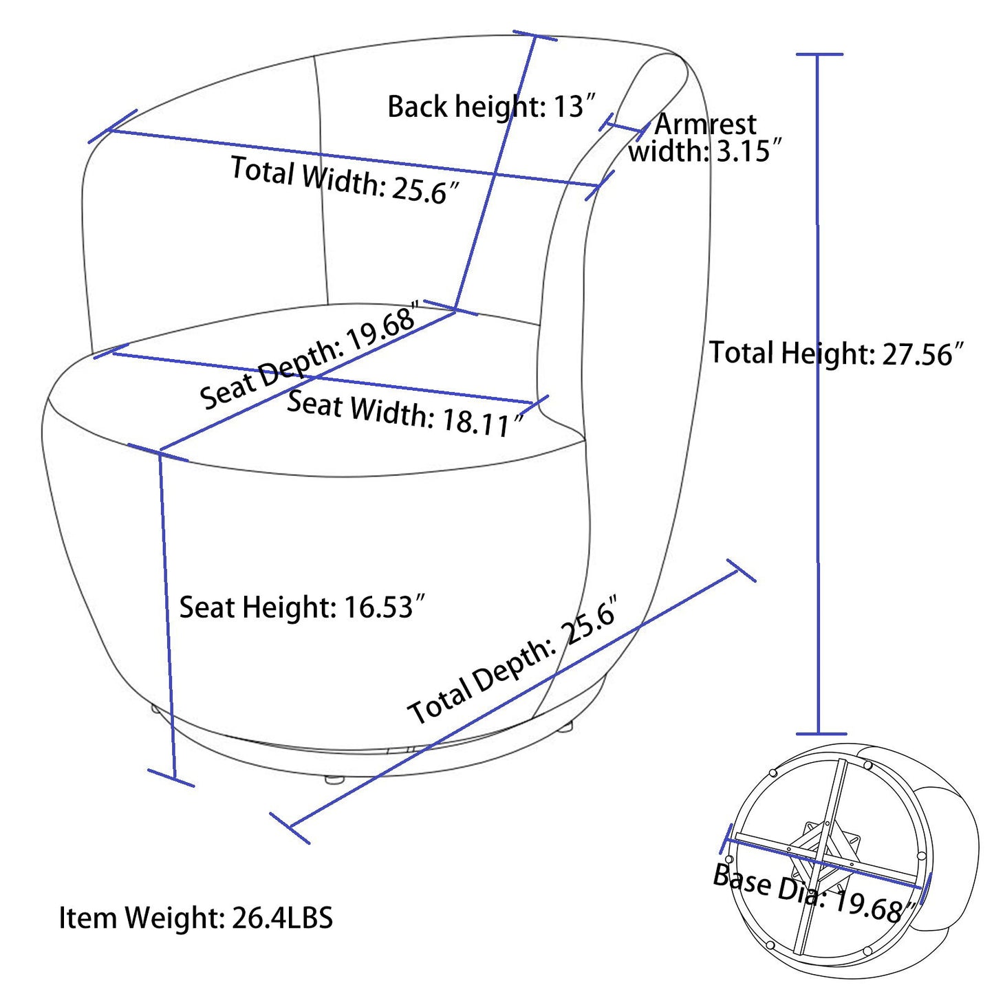 Line drawing of the Teddy Fabric Swivel Accent Armchair Barrel Chair With Powder Coating Metal Ring: total width & depth 25.6", seat width 19.68", seat depth 18.11", base diameter 19.68", back height 13", total height 27.56", armrest width 3.15", weight 26.4 lbs.