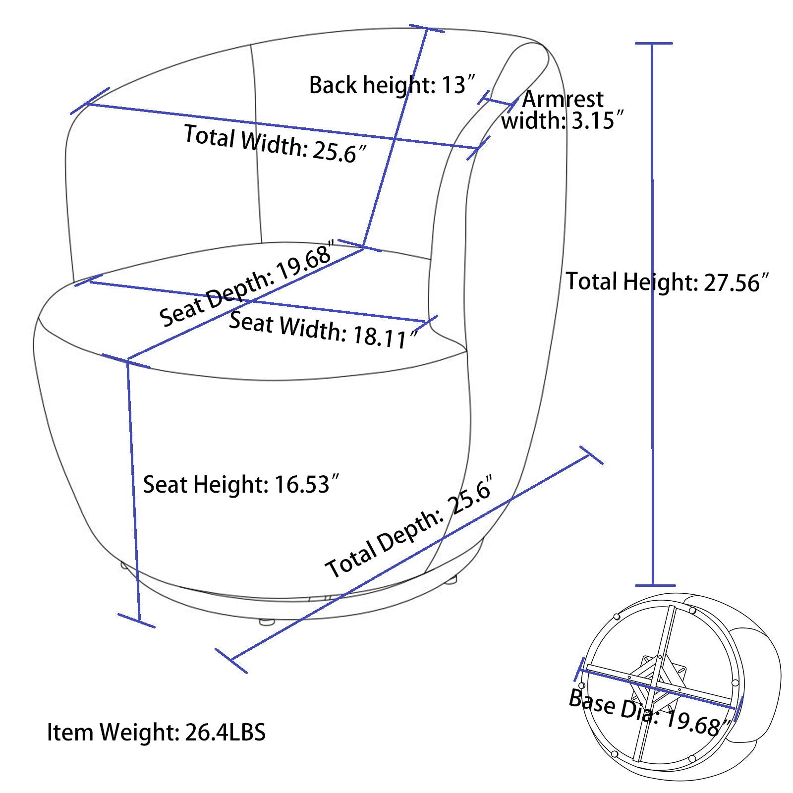 Line drawing of the Teddy Fabric Swivel Accent Armchair Barrel Chair With Powder Coating Metal Ring: total width & depth 25.6", seat width 19.68", seat depth 18.11", base diameter 19.68", back height 13", total height 27.56", armrest width 3.15", weight 26.4 lbs.