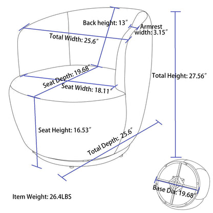 Line drawing of the Teddy Fabric Swivel Accent Armchair Barrel Chair With Powder Coating Metal Ring: total width & depth 25.6", seat width 19.68", seat depth 18.11", base diameter 19.68", back height 13", total height 27.56", armrest width 3.15", weight 26.4 lbs.