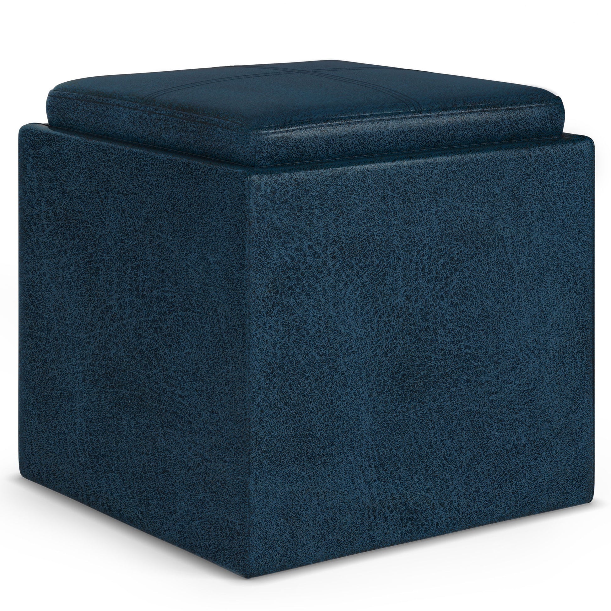 The Rockwood Upholstered Cube Storage Ottoman With Tray features a navy blue, textured fabric, cushioned top, and minimalist modern design with clean lines and soft edges.
