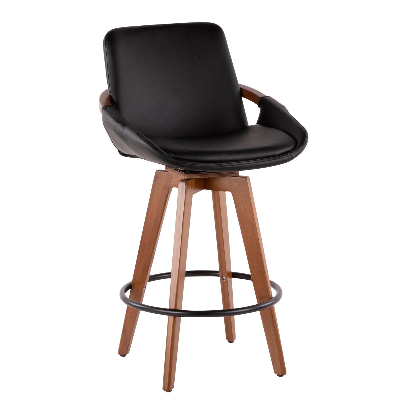 The Cosmo - Mid Century Counter Stool features a black cushioned seat and backrest, wooden legs, and a round black metal footrest for a modern look.