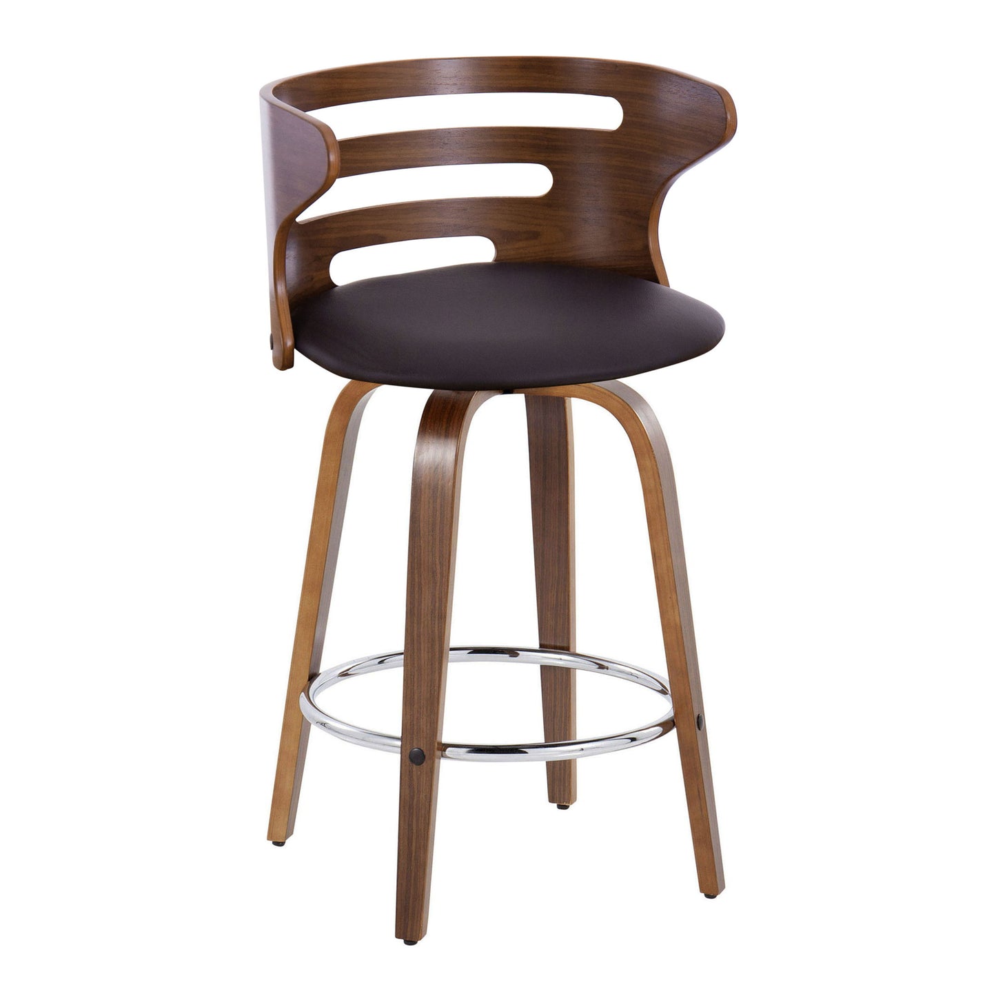 The Cosini Mid Century Modern Barstool set features a curved open-back design, dark cushioned seat, walnut bent wood legs, metal round footrest, and fixed-height swivel for a sleek, contemporary look. Set of 2 included.