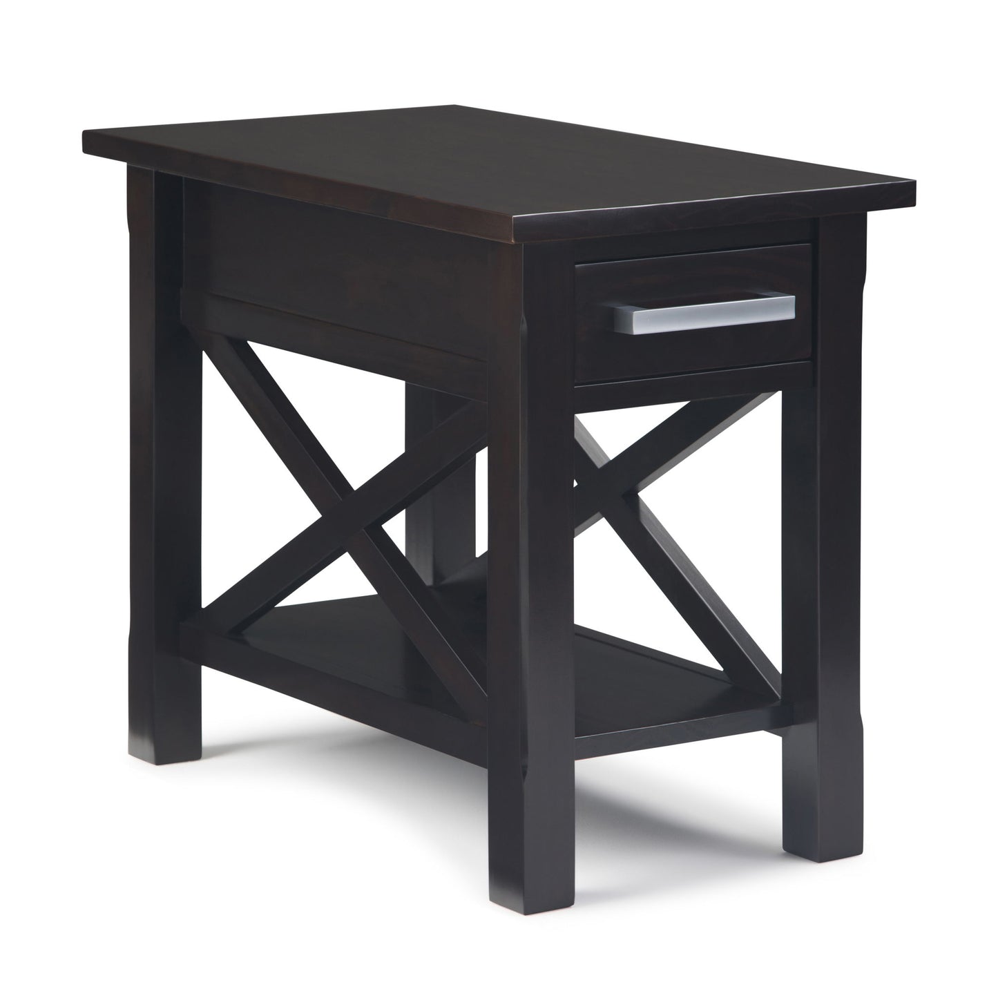 The Kitchener - Handcrafted Table features a dark brown wood finish, rectangular top, one drawer with silver handle, X-shaped side supports, and a lower shelf.