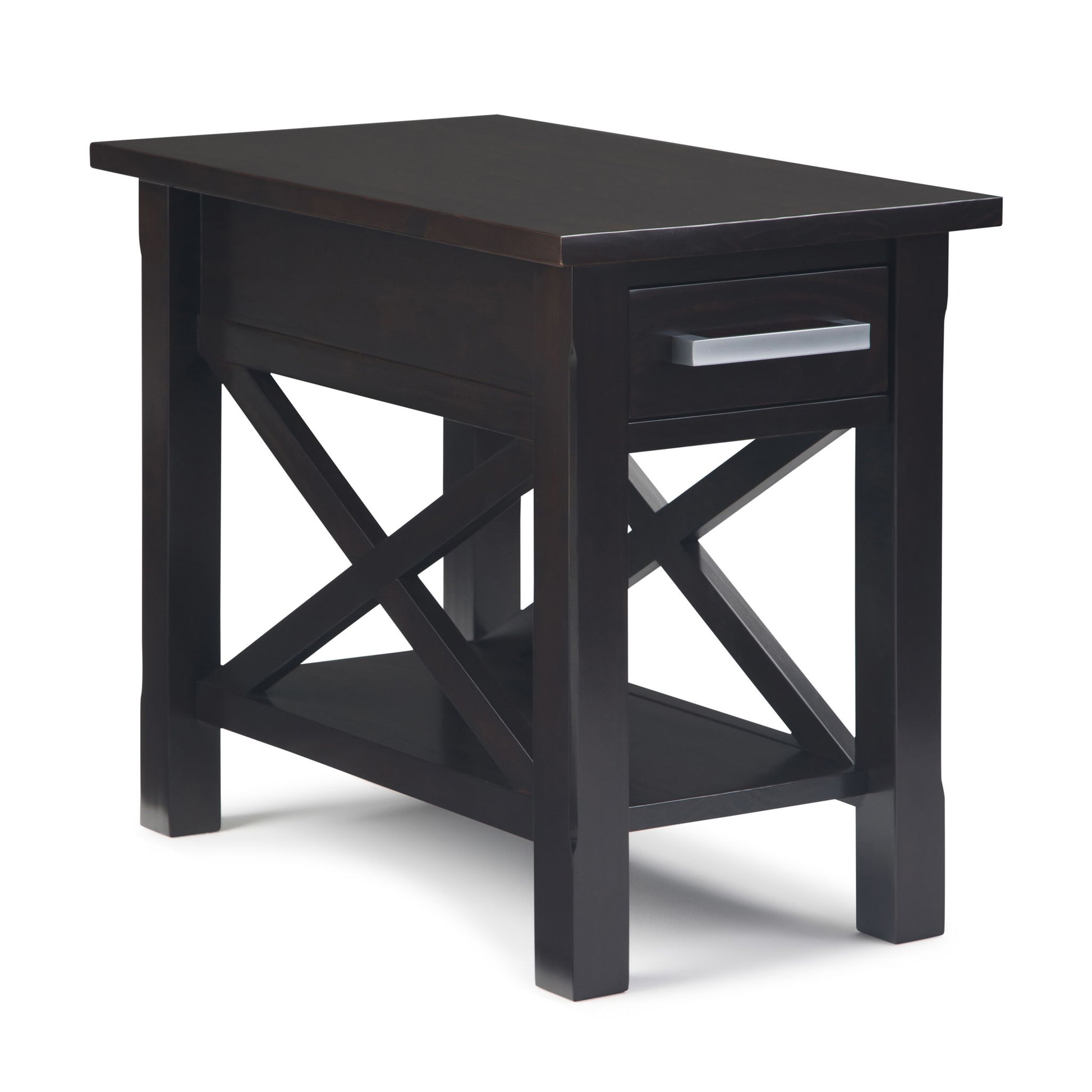 The Kitchener - Handcrafted Table features a dark brown wood finish, rectangular top, one drawer with silver handle, X-shaped side supports, and a lower shelf.