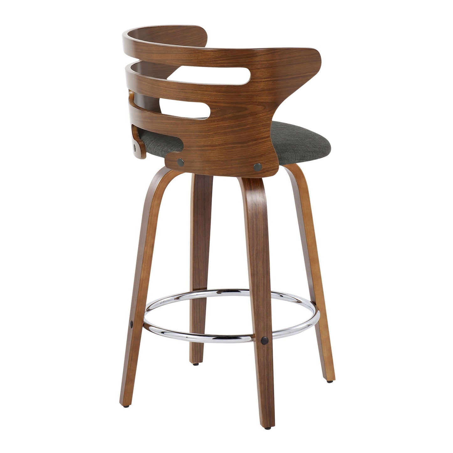 The Cosini Mid Century Modern Fixed Height Barstool Set features swivel seats, curved backrests with horizontal cut-outs, dark cushions, splayed legs, and a round chrome footrest.