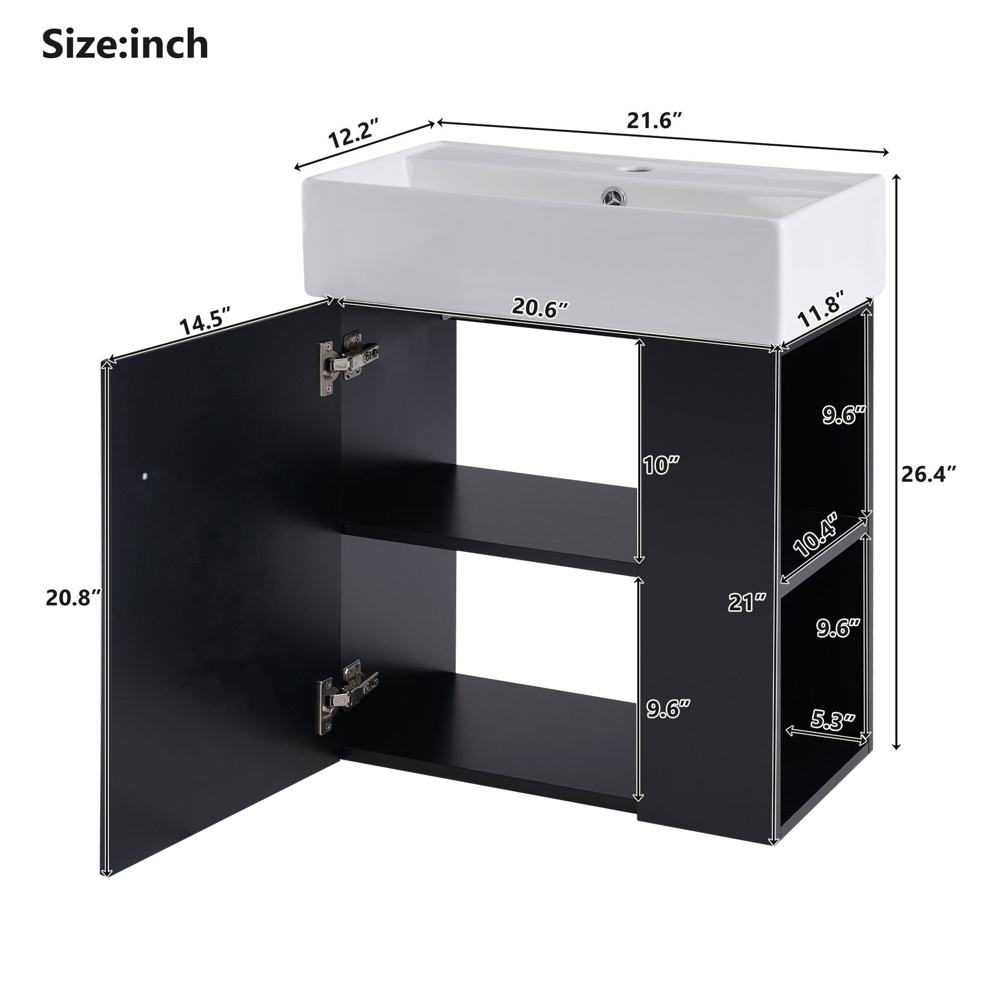 The Modern Floating Bathroom Vanity With Ceramic Basin, ideal for small bathrooms, is shown in black with a white sink. It features an open door, two shelves, and side storage spaces of various sizes with labeled dimensions in inches.
