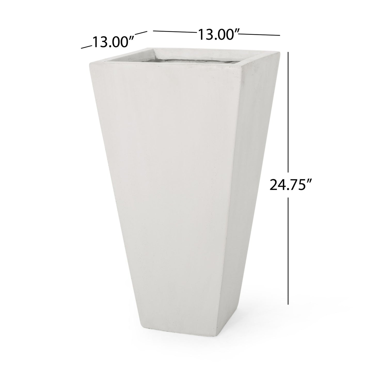 The Outdoor Modern Cast Stone Planter is a tall, white, square tapered planter measuring 13" wide at the top, 13" deep, and 24.75" tall.