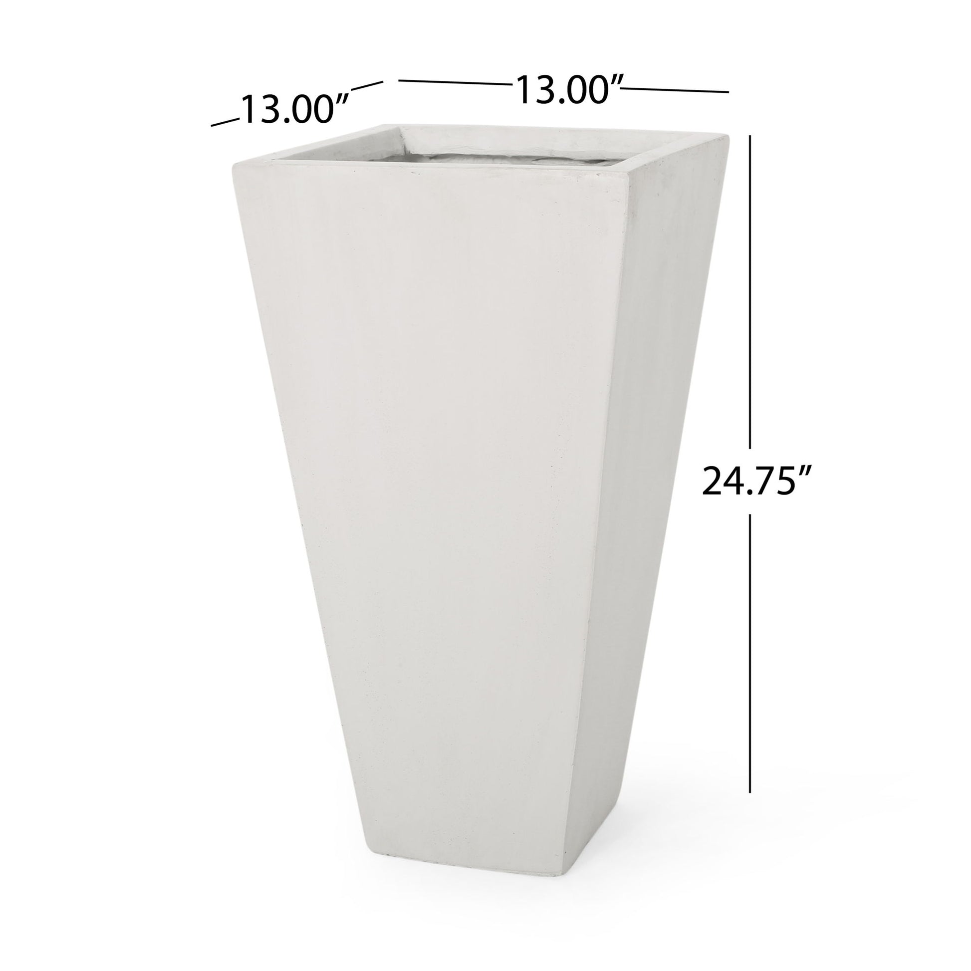 The Outdoor Modern Cast Stone Planter is a tall, white, square tapered planter measuring 13" wide at the top, 13" deep, and 24.75" tall.