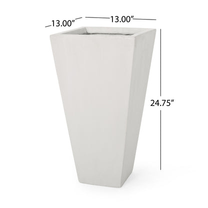 The Outdoor Modern Cast Stone Planter is a tall, white, square tapered planter measuring 13" wide at the top, 13" deep, and 24.75" tall.