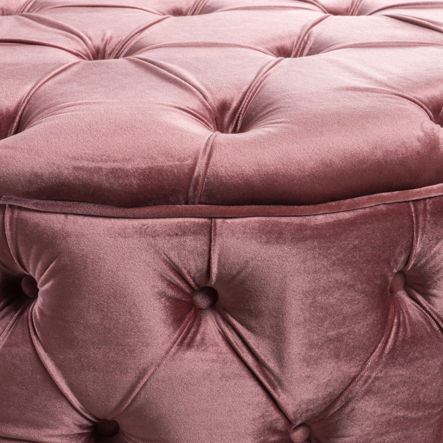 Close-up of the Modern Glam Ottoman Velvet in blush pink, featuring deep button tufting and a soft, luxurious velvet texture.