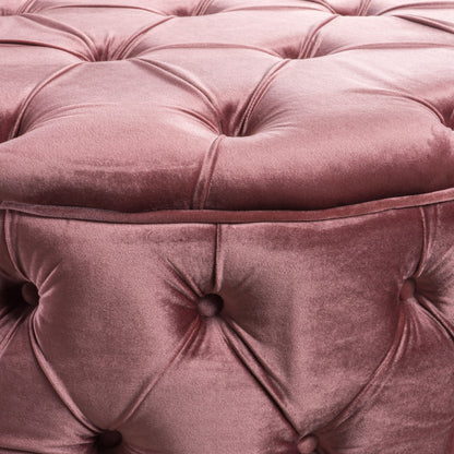 Close-up of the Modern Glam Ottoman Velvet in blush pink, featuring deep button tufting and a soft, luxurious velvet texture.