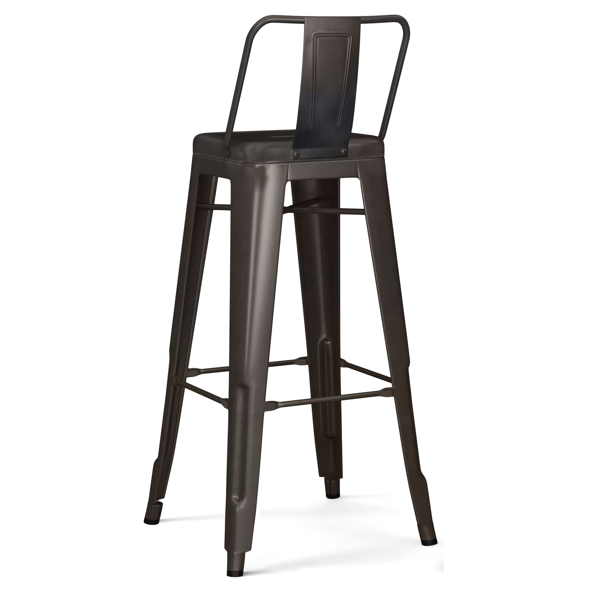 The Rayne - Multifunctional Metal Stool is a tall, industrial-style black metal bar stool featuring a backrest, four angled legs with footrests, and a sturdy, minimalistic design.