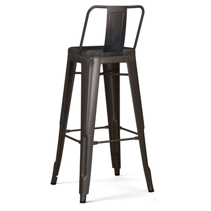 The Rayne - Multifunctional Metal Stool is a tall, industrial-style black metal bar stool featuring a backrest, four angled legs with footrests, and a sturdy, minimalistic design.