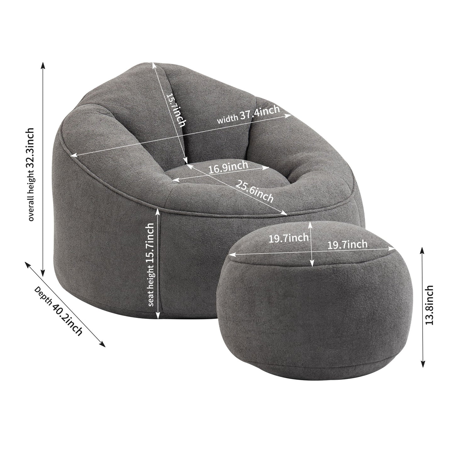 Bedding Bean Bag Sofa Chair, upholstered in gray fabric with high-pressure foam and matching round footrest. Chair: 33.3"H x 40.3"D x 37.4"W, seat height 15.7". Footrest: 19.7" diameter, 13.8"H.