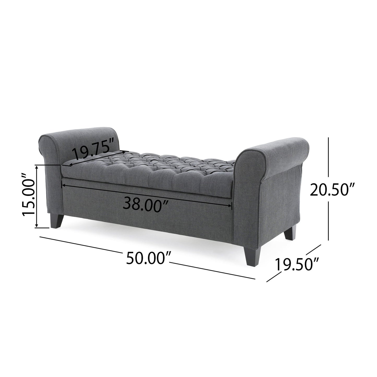 The Hayes Contemporary Armed Storage Bench features rolled arms, button tufting, and wooden legs. Dimensions: 50"L x 19.5"D x 20.5"H; seat length 38", arm length 19.75", seat height 15". Upholstered in gray fabric.