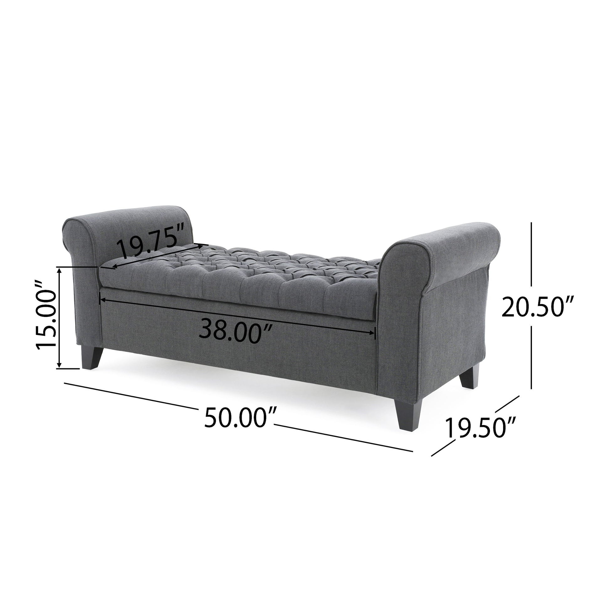 The Hayes Contemporary Armed Storage Bench features rolled arms, button tufting, and wooden legs. Dimensions: 50"L x 19.5"D x 20.5"H; seat length 38", arm length 19.75", seat height 15". Upholstered in gray fabric.