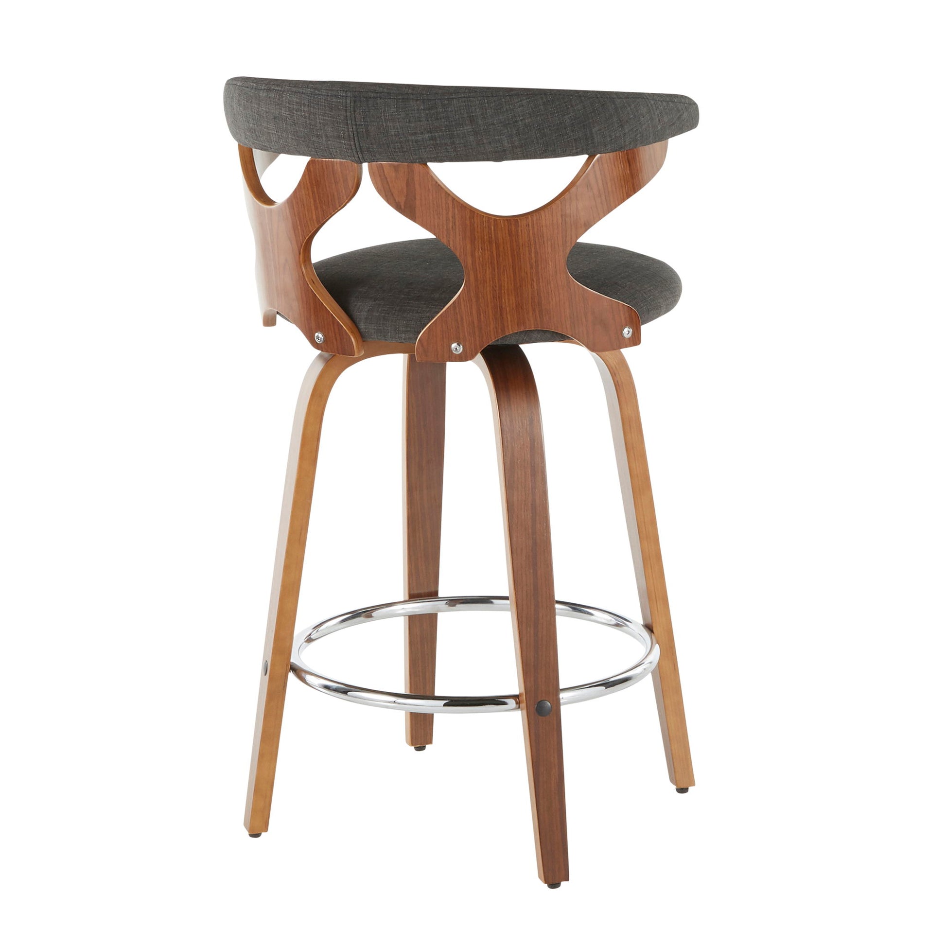 The Gardenia Mid Century Modern Counter Stool (Set of 2) features a curved wooden frame, gray upholstered seat and backrest with cutout designs, angled wooden legs, and a metal footrest for stylish comfort.